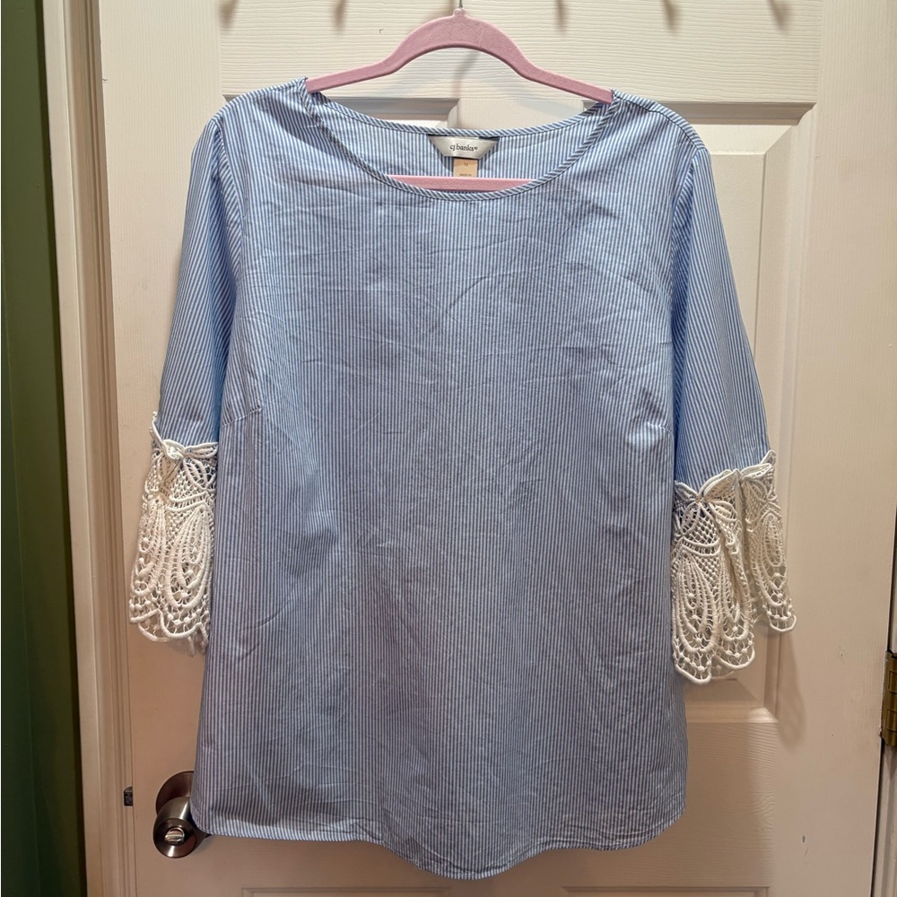 Christopher & Banks Plus size 1x Blue and White Striped Top with Lace Sleeves